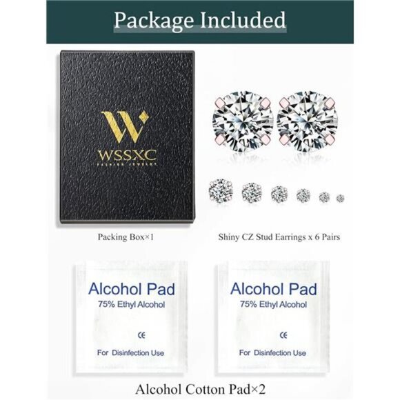 6 Pairs Rose Gold Stud Earrings Set, Hypoallergenic Cubic Zirconia 316L Earrings - Picture 6 of 6